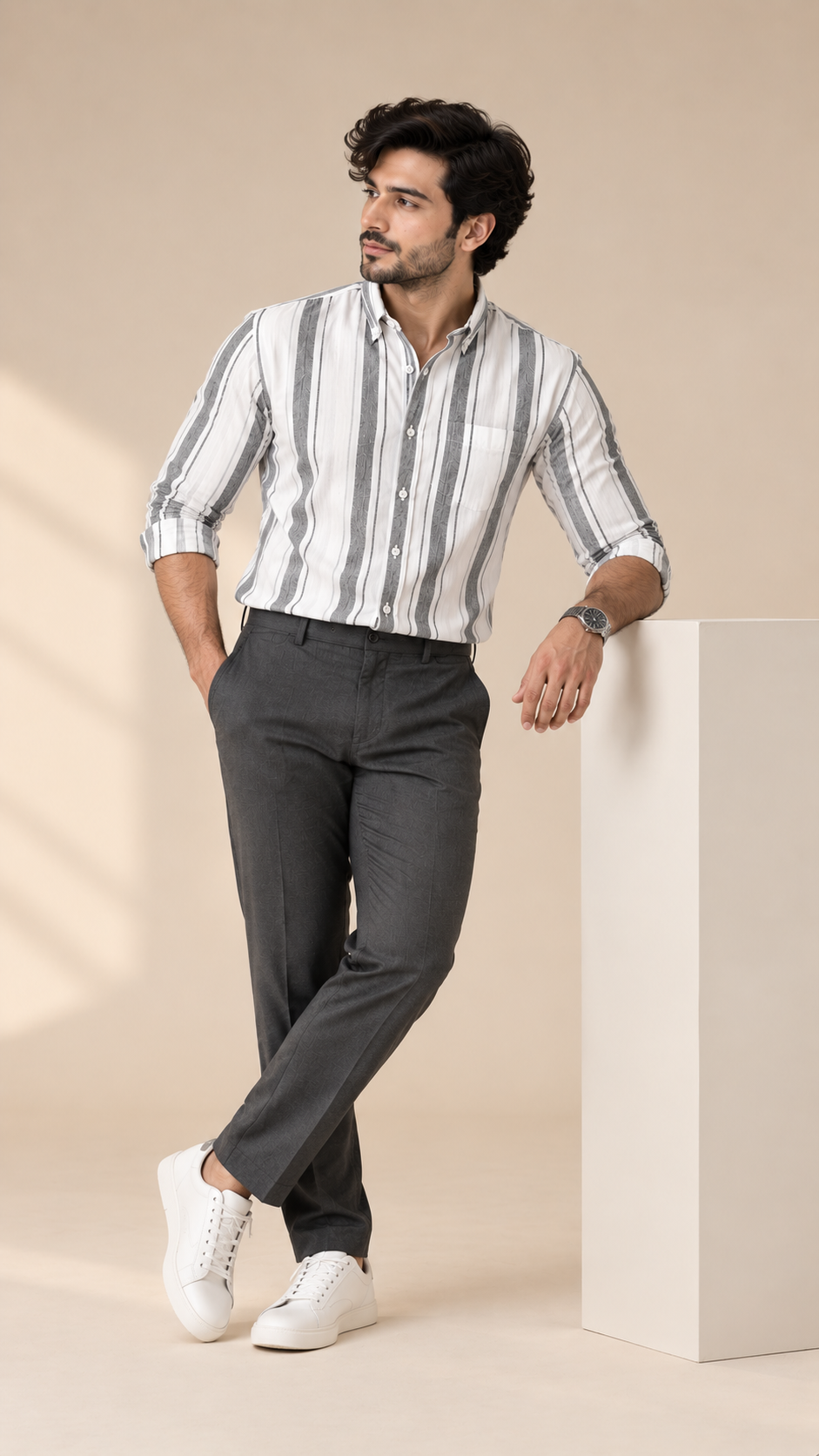 Men’s White & Grey Striped 100% Cotton Shirt | Regular Fit