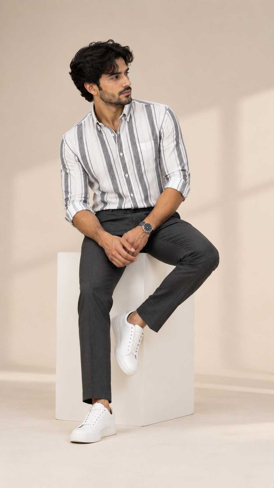 Men’s White & Grey Striped 100% Cotton Shirt | Regular Fit
