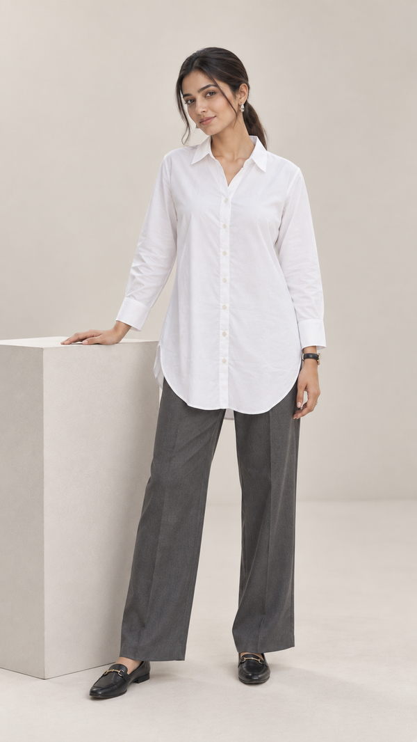 Women’s White Cotton-Viscose Kurti Style Shirt | Relaxed Fit