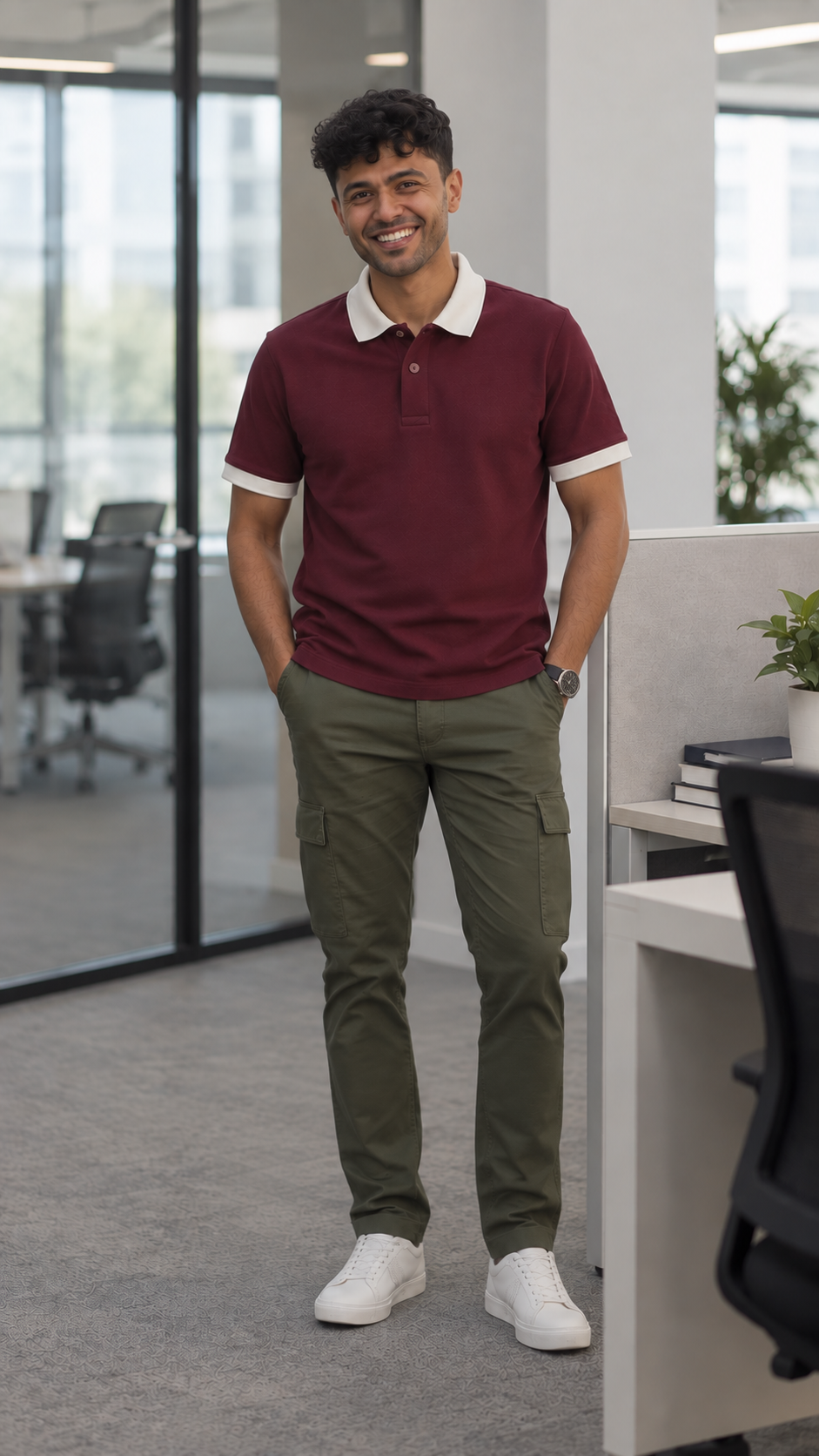 Men’s Wine Cotton Matty Lycra Polo T-Shirt with Off White Collar