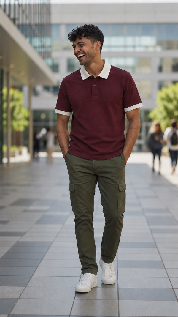 Men’s Wine Cotton Matty Lycra Polo T-Shirt with Off White Collar