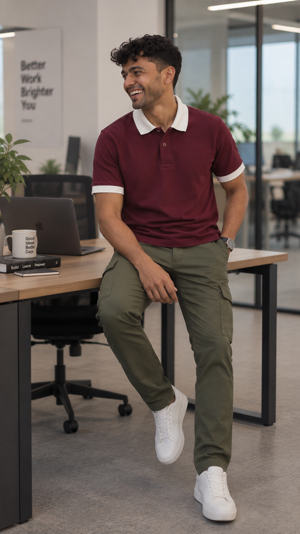 Men’s Wine Cotton Matty Lycra Polo T-Shirt with Off White Collar