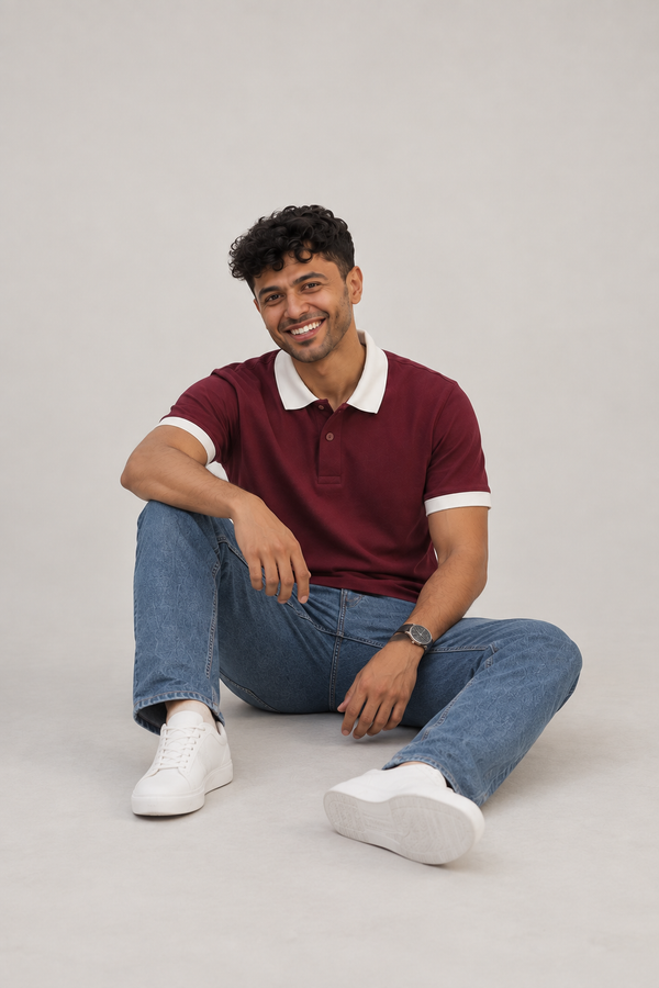 Men’s Wine Cotton Matty Lycra Polo T-Shirt with Off White Collar