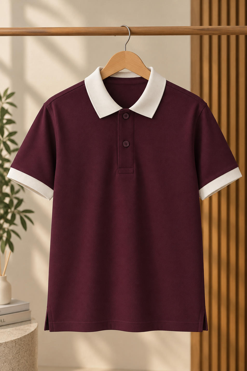 Men’s Wine Cotton Matty Lycra Polo T-Shirt with Off White Collar