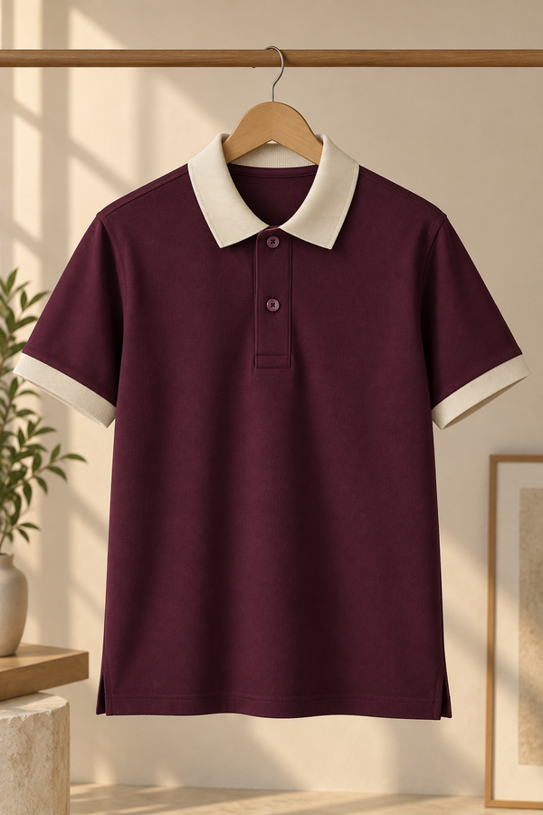 Men’s Wine Cotton Matty Lycra Polo T-Shirt with Beige Collar