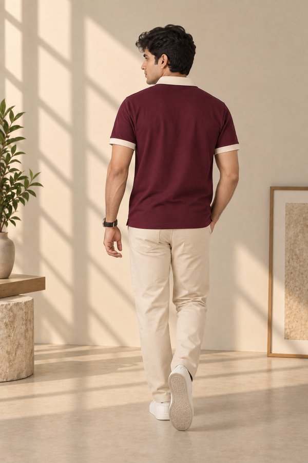 Men’s Wine Cotton Matty Lycra Polo T-Shirt with Beige Collar